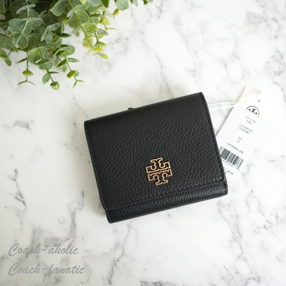 NWT Tory Burch Britten Compact Pebbled Leather Wallet in Black 159431 - Picture 3 of 9